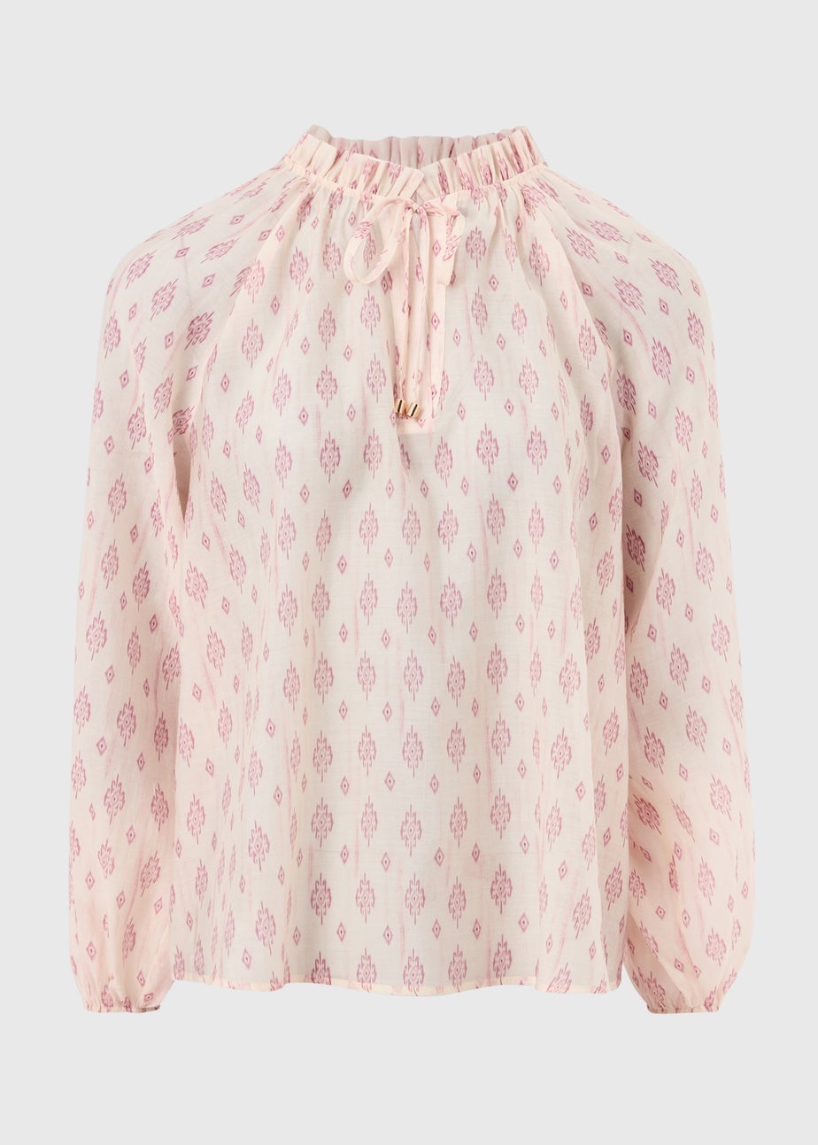 Pink Print Tie Neck Blouse