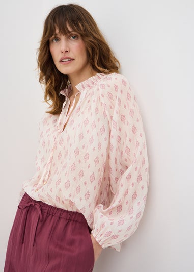 Pink Print Tie Neck Blouse