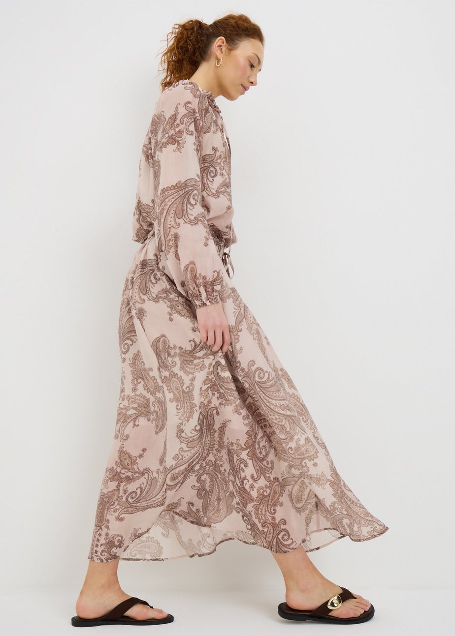 Nude Pink Paisley Shirred Maxi Skirt