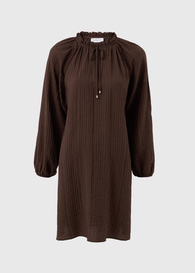 Chocolate Brown Textured Tie Neck Mini Dress