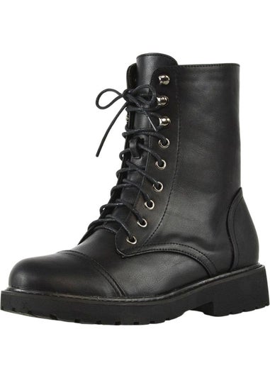 XY London Black River Zip Military Low Heel Combat Boots