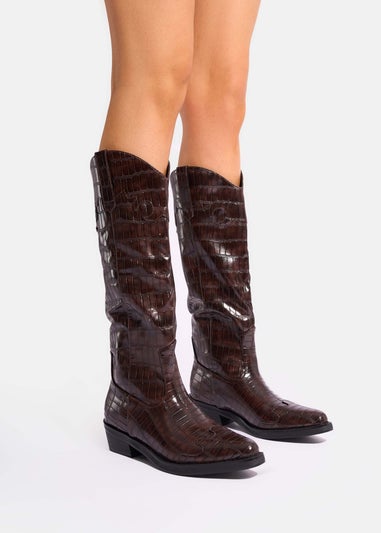 Public Desire Apollo Brown Croc Flat Western Knee High Boots