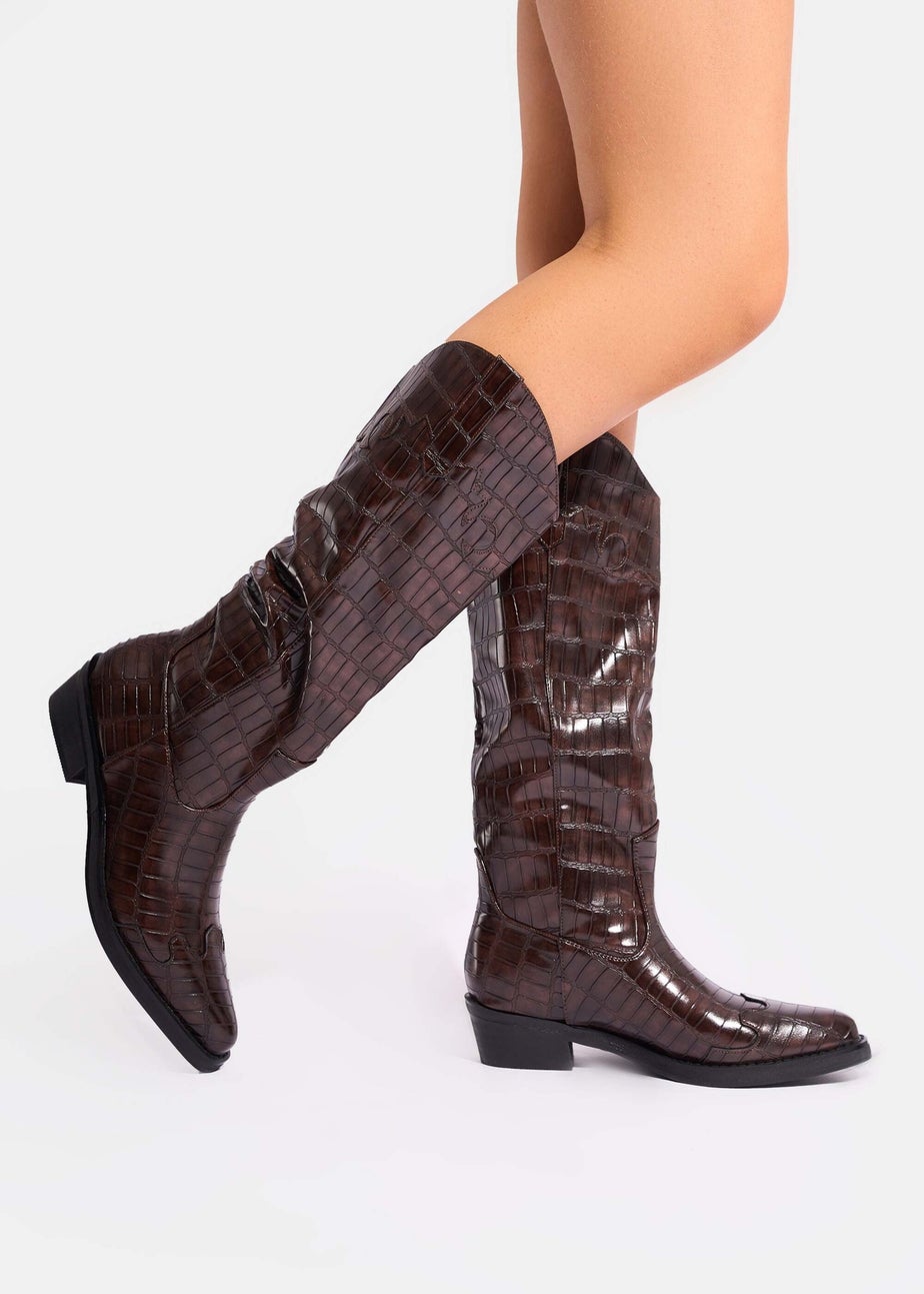 Public Desire Apollo Brown Croc Flat Western Knee High Boots