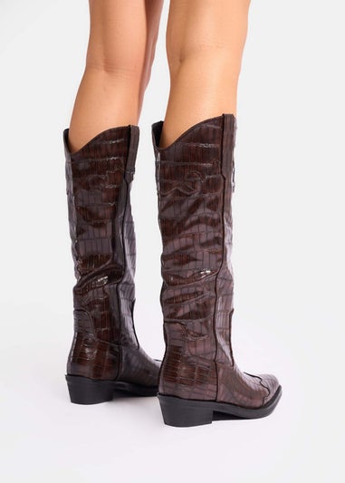 Public Desire Apollo Brown Croc Flat Western Knee High Boots