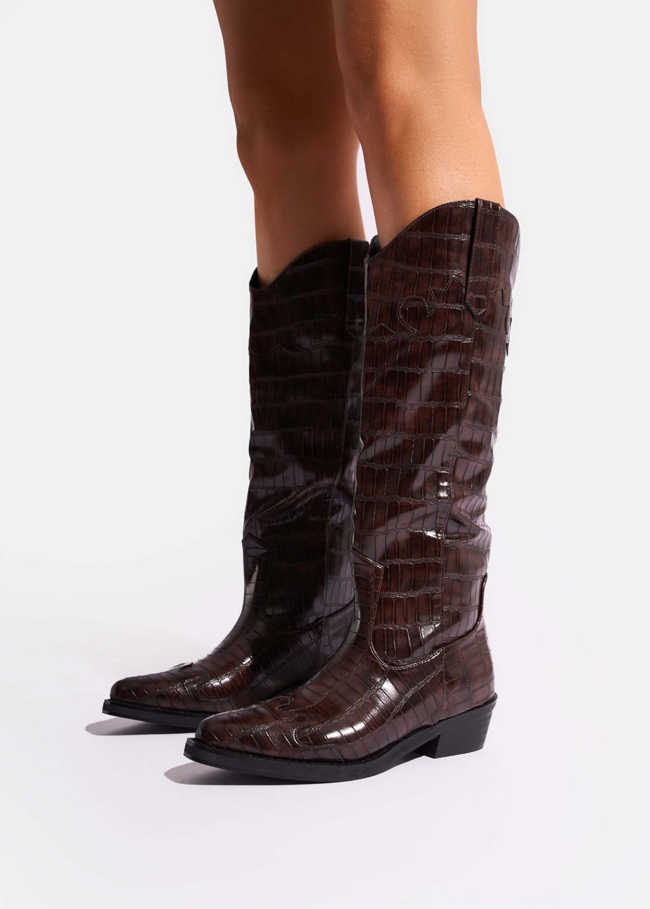 Public Desire Apollo Brown Croc Flat Western Knee High Boots