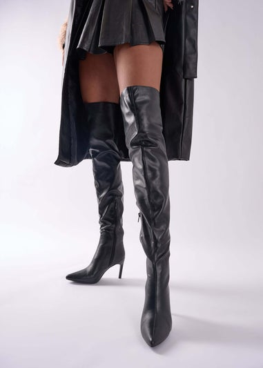 Public Desire Orton Black Pu Over The Knee Mid Heel Pointed Toe Boots
