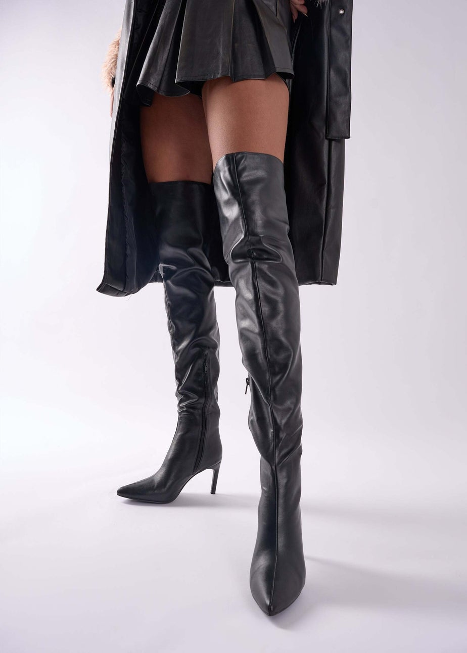 Public Desire Orton Black Pu Over The Knee Mid Heel Pointed Toe Boots