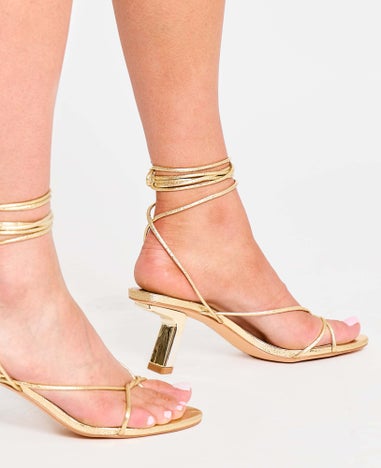Public Desire Birdie Gold Cracked Pu Lace Up Mid Heels