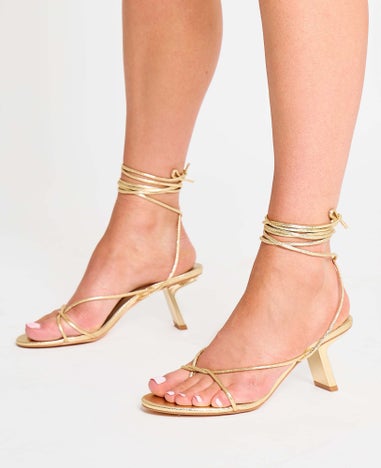 Public Desire Birdie Gold Cracked Pu Lace Up Mid Heels