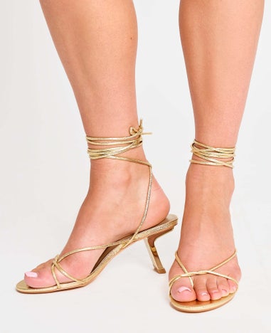 Public Desire Birdie Gold Cracked Pu Lace Up Mid Heels