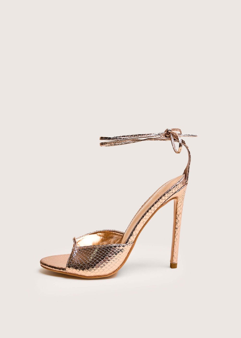 Public Desire Kalisto Gold Snake Pu Lace Up Round Toe Mid Heels