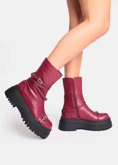 Public Desire Odessa Burgundy Multi Strap Detail Chunky Sole Ankle Boots