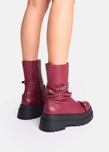 Public Desire Odessa Burgundy Multi Strap Detail Chunky Sole Ankle Boots
