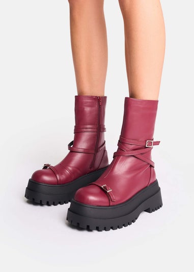 Public Desire Odessa Burgundy Multi Strap Detail Chunky Sole Ankle Boots