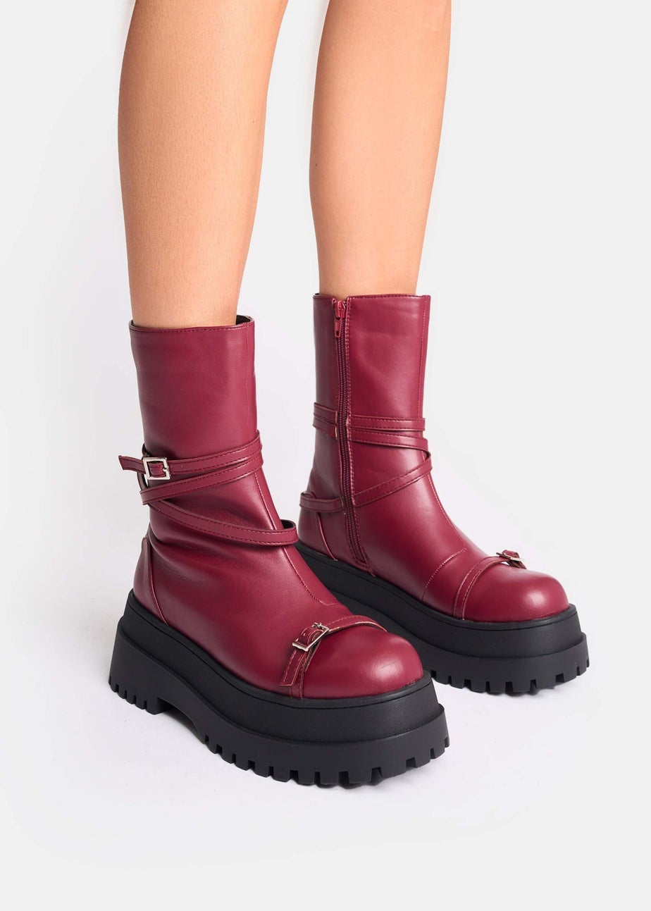 Public Desire Odessa Burgundy Multi Strap Detail Chunky Sole Ankle Boots