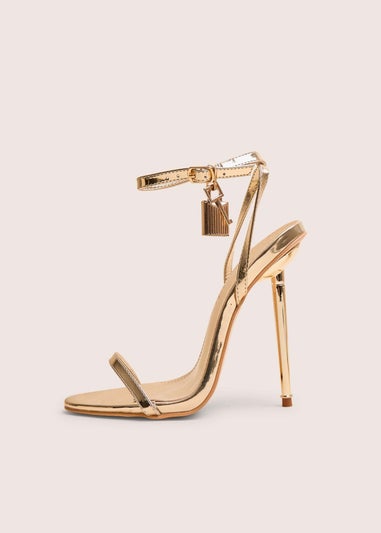 Public Desire Ti Amo Gold Wide Fit Metallic PU Padlock Detail Barely There Pointed Toe Stilettos Heels
