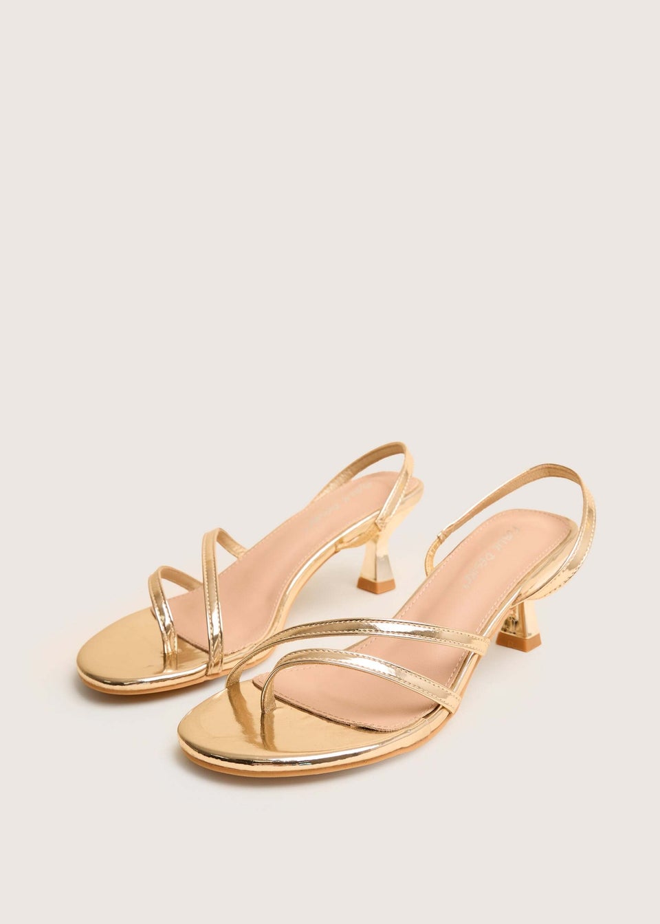 Public Desire Helios Gold Asymmetric Toe Strap Sling Back Mid Heels