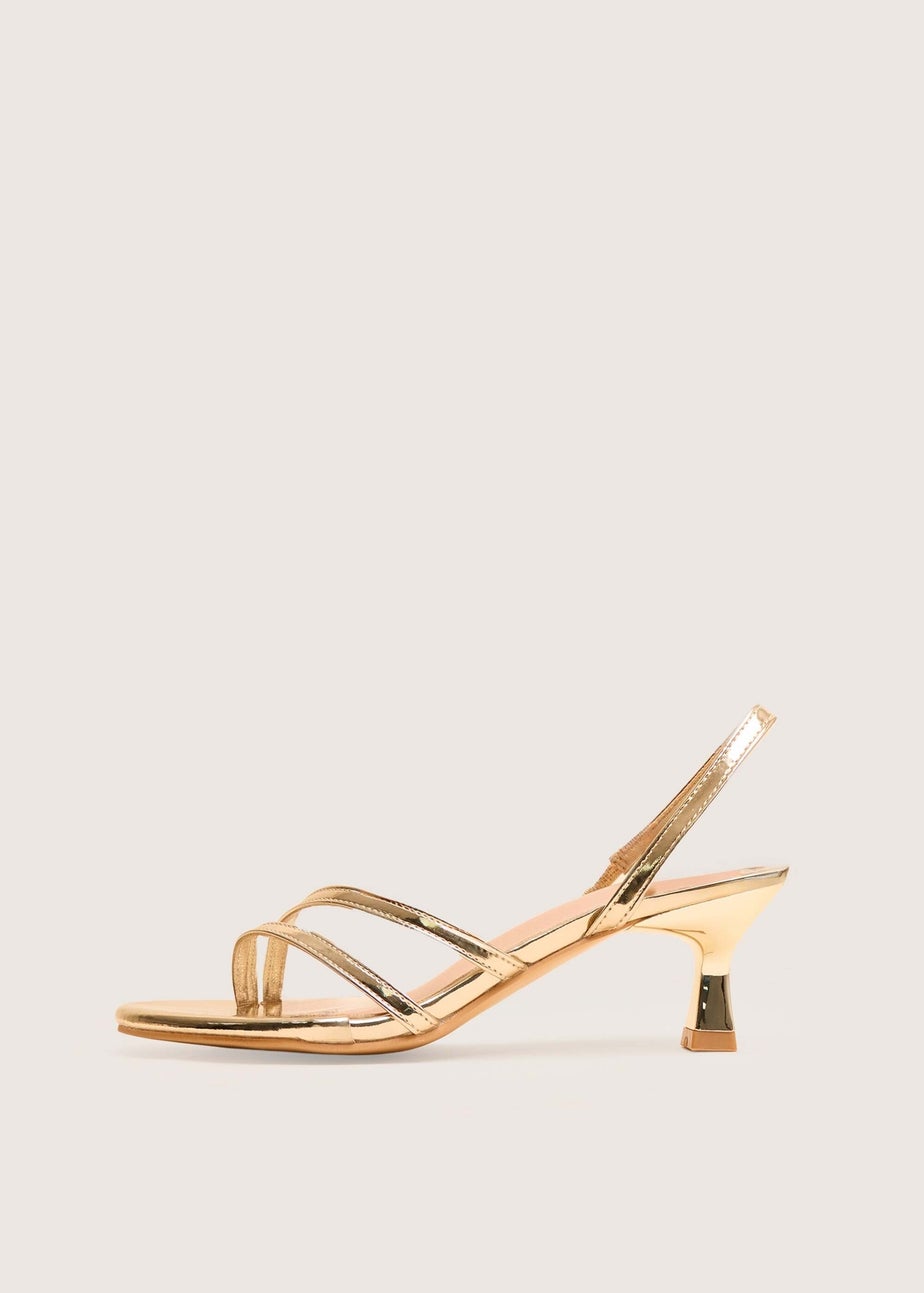 Public Desire Helios Gold Asymmetric Toe Strap Sling Back Mid Heels