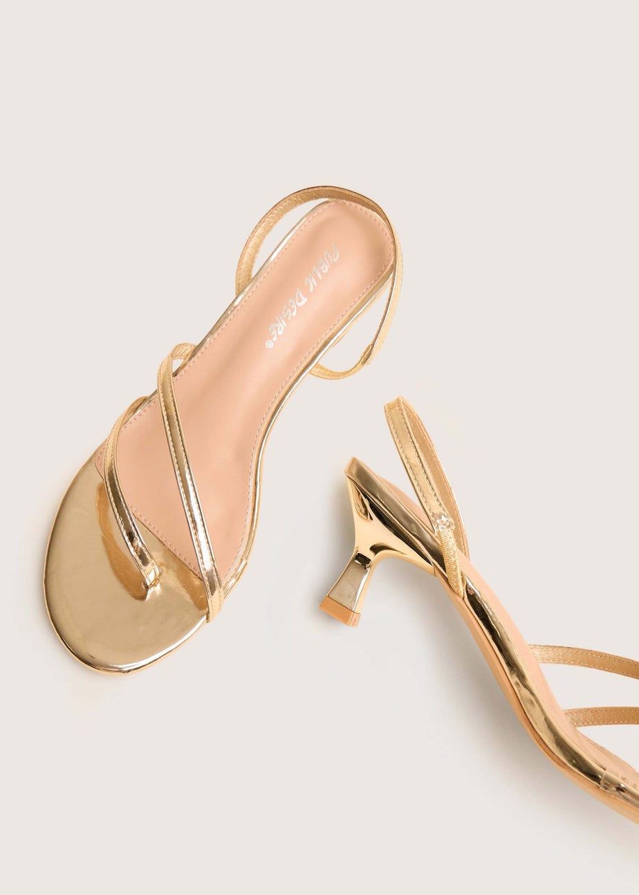 Public Desire Helios Gold Asymmetric Toe Strap Sling Back Mid Heels