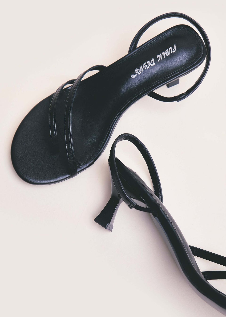 Public Desire Helios Black Pu Asymmetric Toe Strap Sling Back Mid Heels