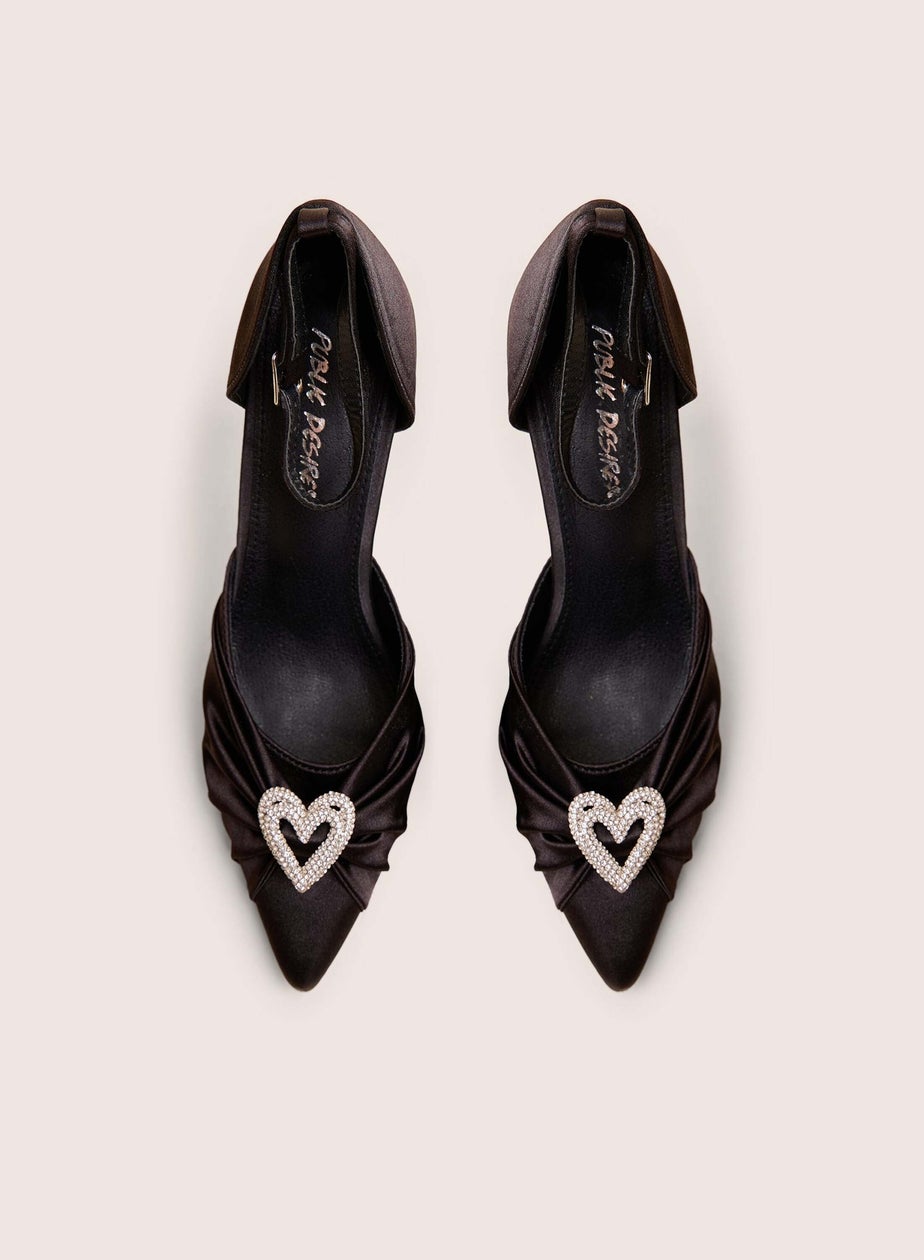 Public Desire Meant To Be Black Satin Diamante Heart Court Stiletto Heel