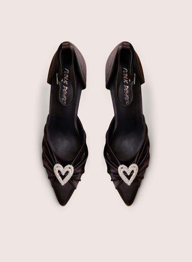Public Desire Meant To Be Black Satin Diamante Heart Court Stiletto Heel