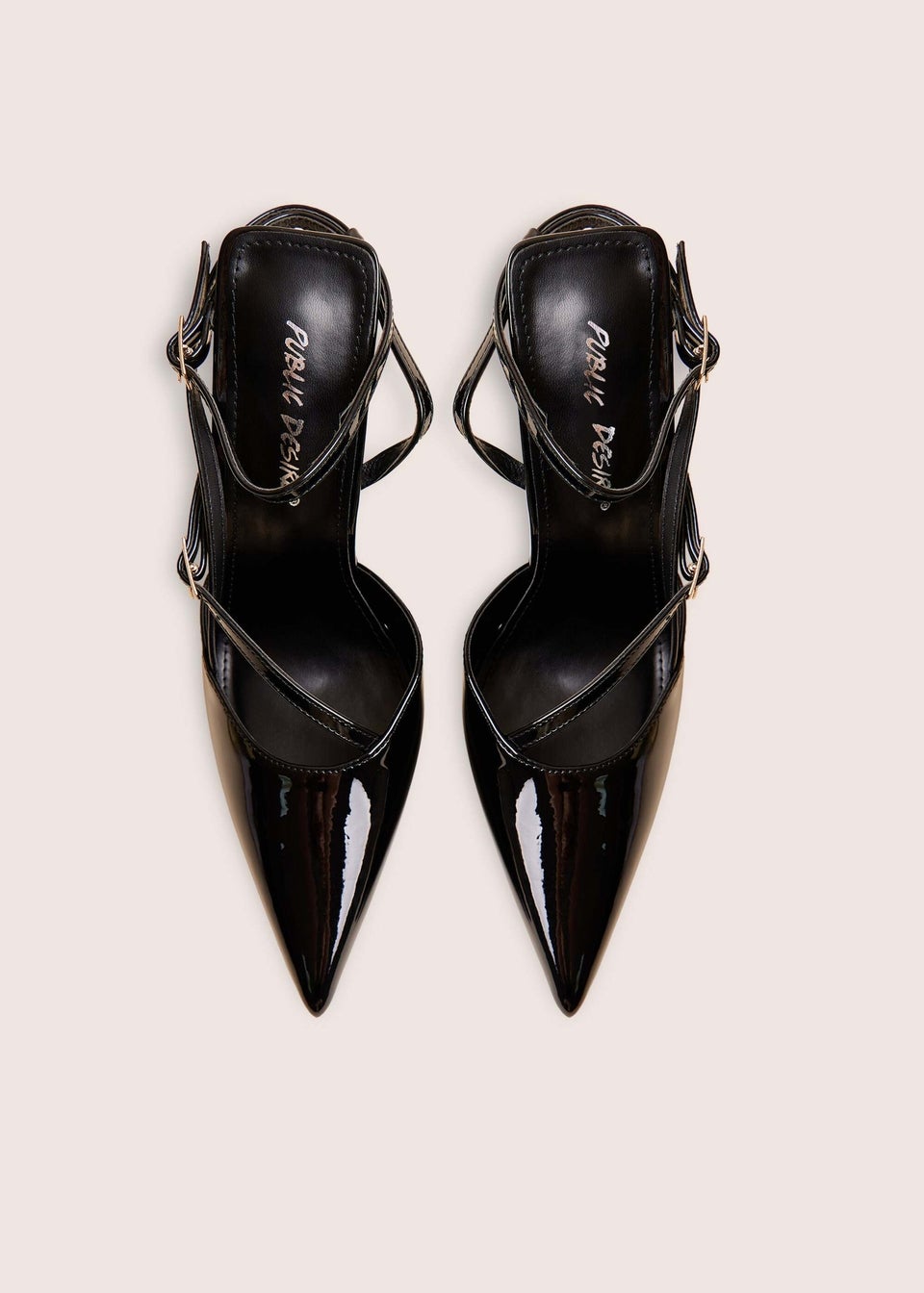 Public Desire Idol Black Patent Buckle Strappy Detail Stiletto Court High Heels