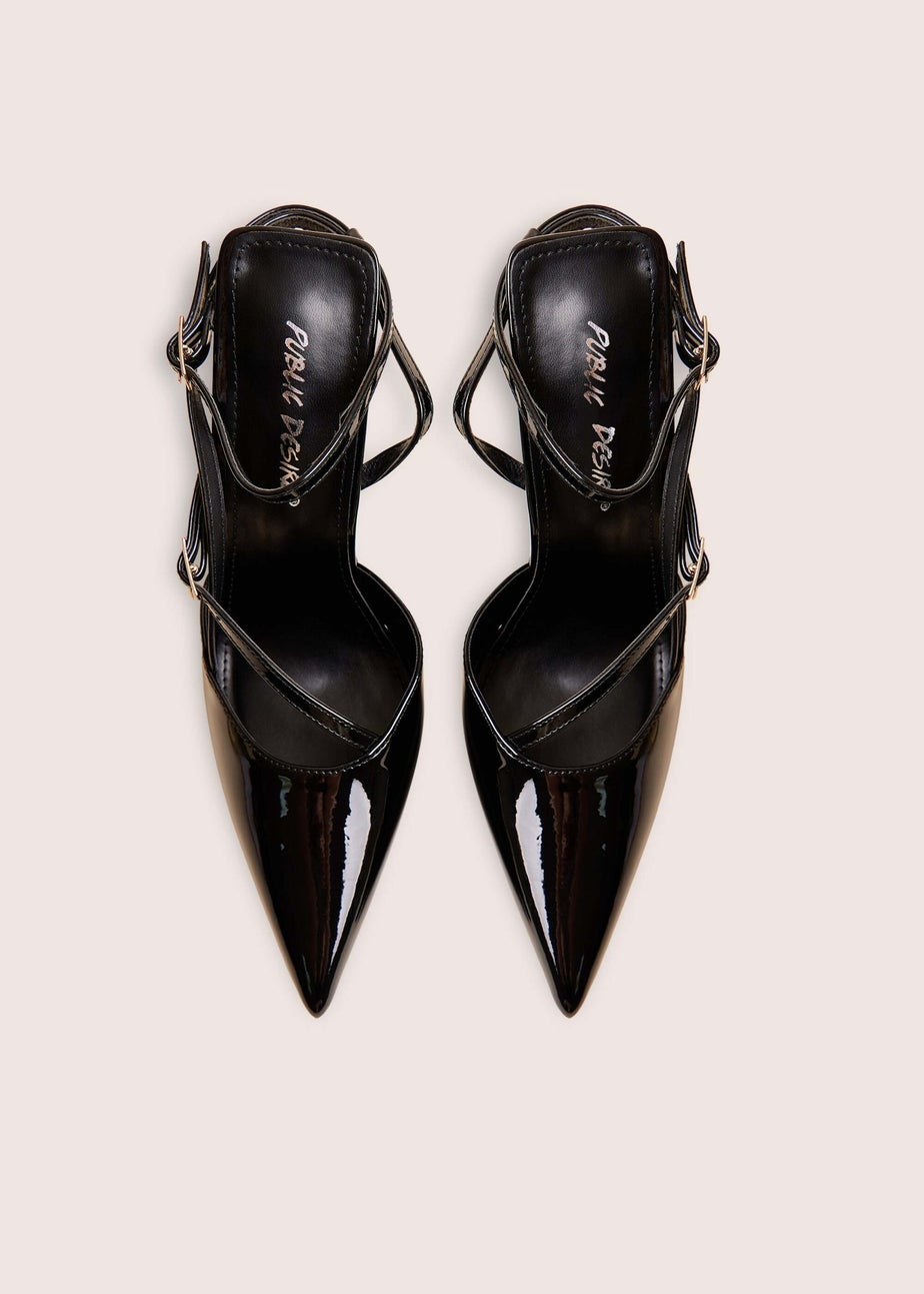 Public Desire Idol Black Patent Buckle Strappy Detail Stiletto Court High Heels