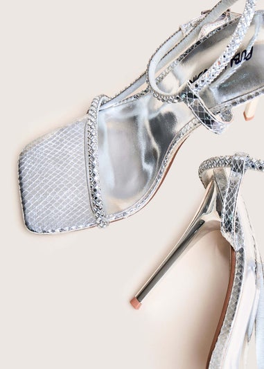 Public Desire Last Night Silver Snake Pu Diamante Strap Stiletto High Heels