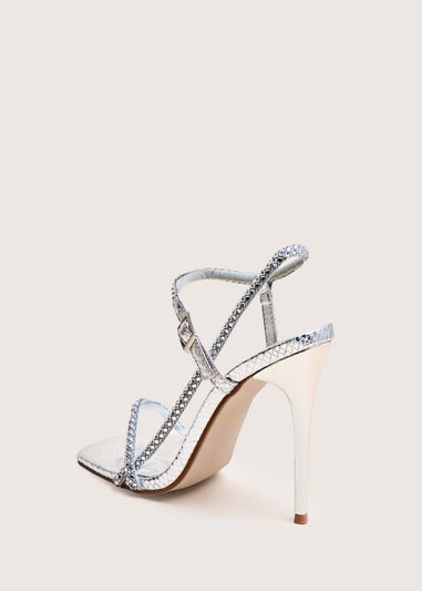 Public Desire Last Night Silver Snake Pu Diamante Strap Stiletto High Heels