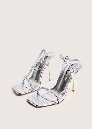 Public Desire Last Night Silver Snake Pu Diamante Strap Stiletto High Heels