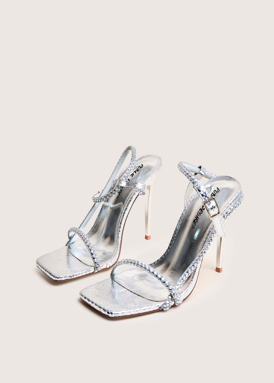 Public Desire Last Night Silver Snake Pu Diamante Strap Stiletto High Heels