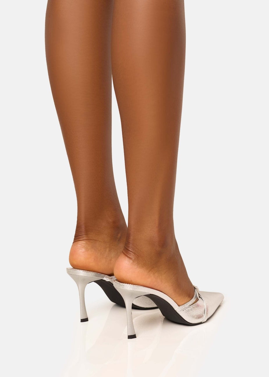 Public Desire Casanova Cracked Silver Buckle Detail Pointed Toe Mid Heel Mules