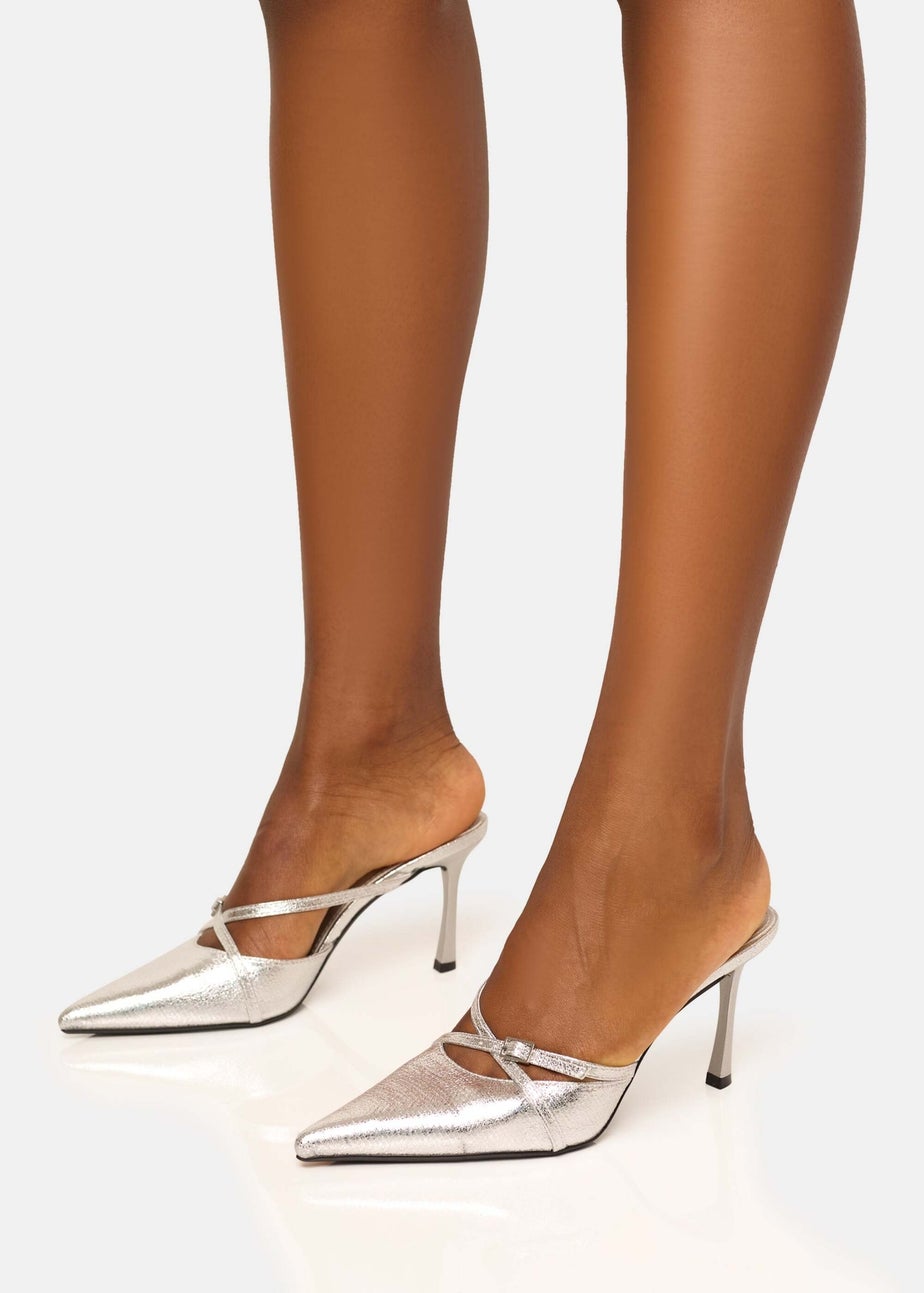 Public Desire Casanova Cracked Silver Buckle Detail Pointed Toe Mid Heel Mules