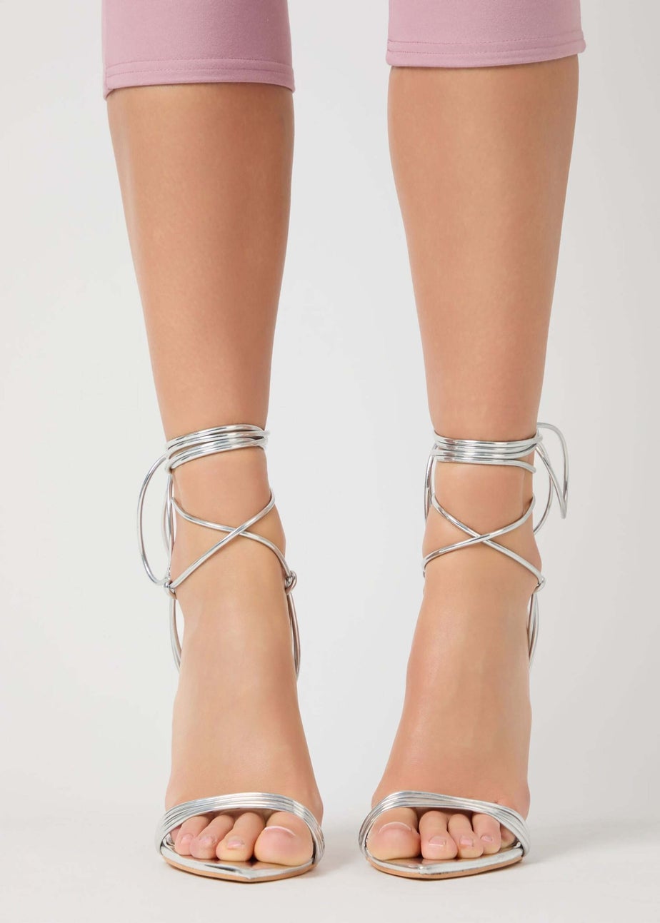 Public Desire Merlot Mirror Silver Pu Lace Up Wrap Around Pointed Toe Stiletto Heels