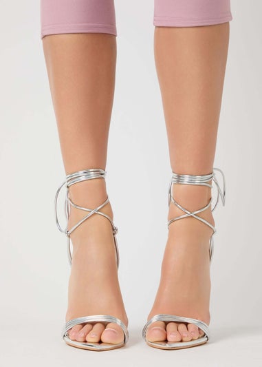 Public Desire Merlot Mirror Silver Pu Lace Up Wrap Around Pointed Toe Stiletto Heels