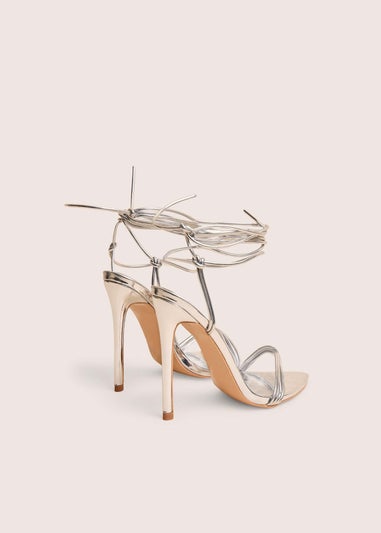 Public Desire Merlot Mirror Silver Pu Lace Up Wrap Around Pointed Toe Stiletto Heels