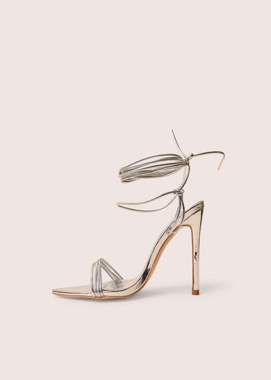 Public Desire Merlot Mirror Silver Pu Lace Up Wrap Around Pointed Toe Stiletto Heels