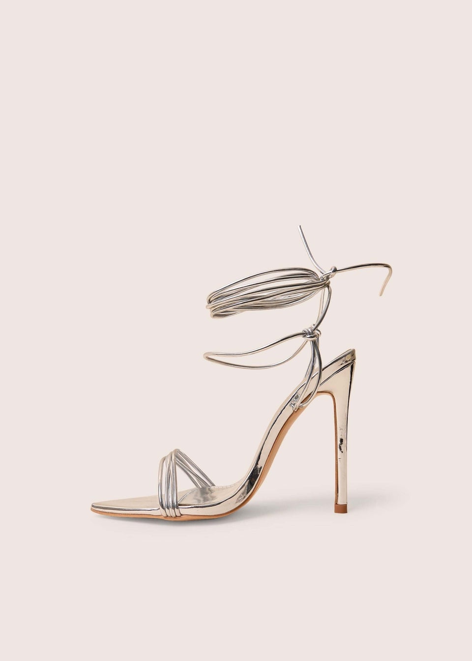 Public Desire Merlot Mirror Silver Pu Lace Up Wrap Around Pointed Toe Stiletto Heels