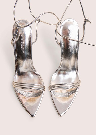 Public Desire Merlot Mirror Silver Pu Lace Up Wrap Around Pointed Toe Stiletto Heels