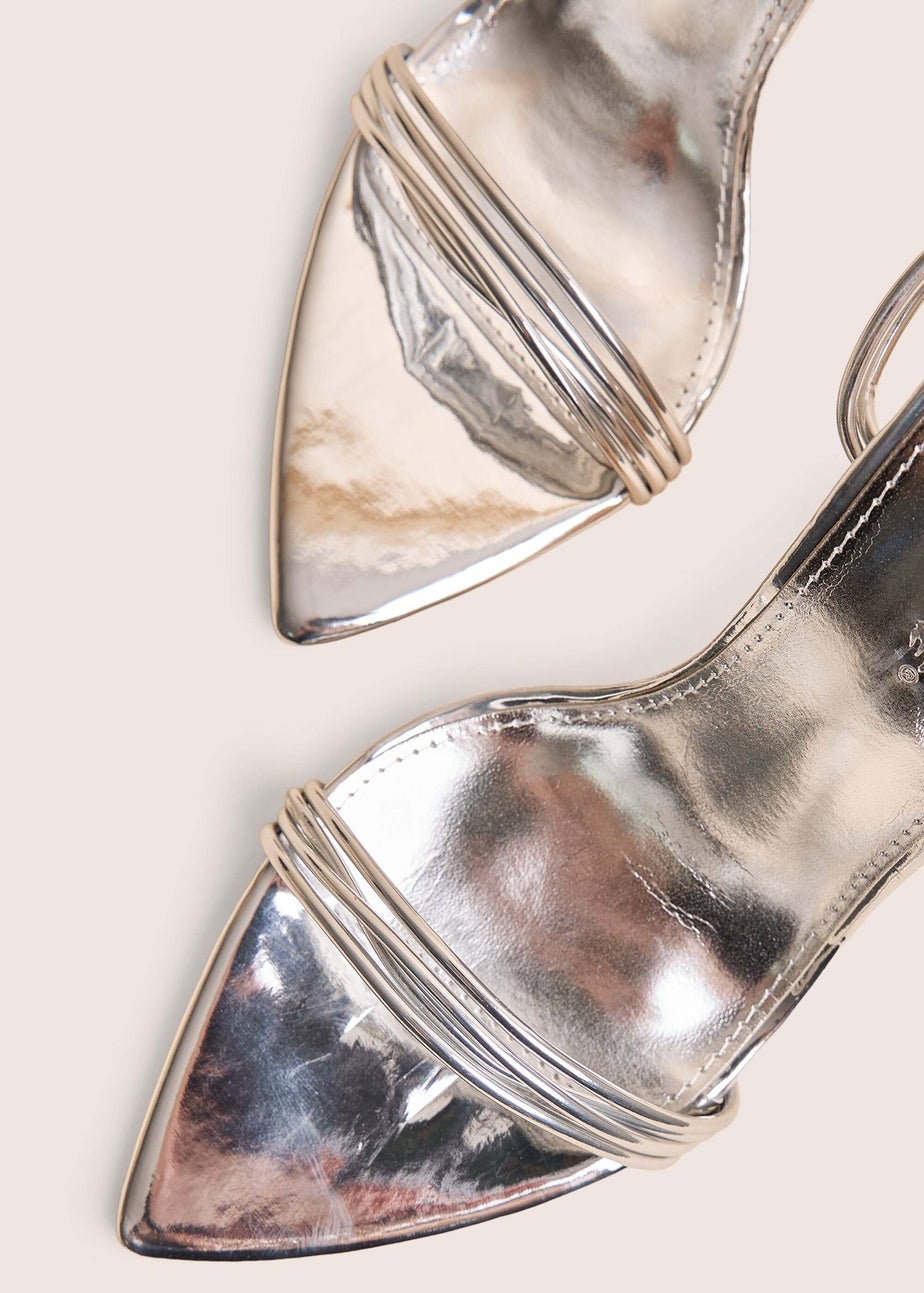 Public Desire Merlot Mirror Silver Pu Lace Up Wrap Around Pointed Toe Stiletto Heels