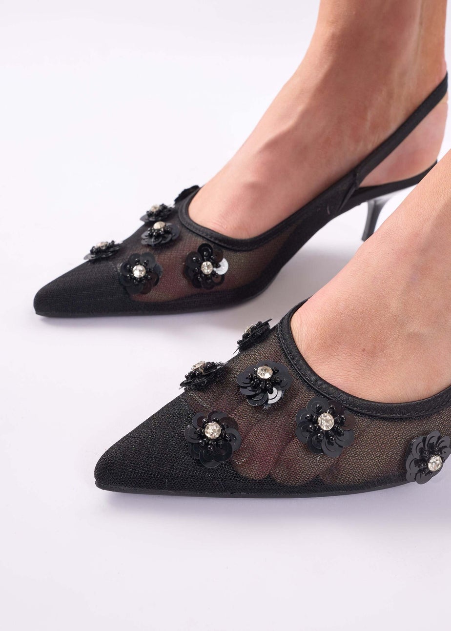 Public Desire Kyle Black Floral Embellishment Mesh Black Slingback Kitten Heel Court Shoes