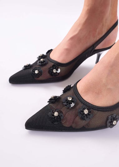 Public Desire Kyle Black Floral Embellishment Mesh Black Slingback Kitten Heel Court Shoes