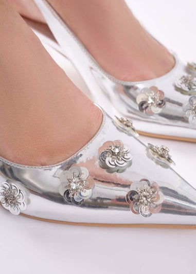 Public Desire Kyle Silver Floral Embellishment Mirror Slingback Kitten Heel Court Shoes