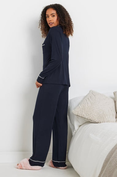 M&Co Navy Blue Piped Long Sleeve Jersey Pyjama Set