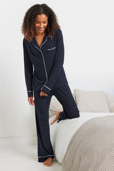 M&Co Navy Blue Piped Long Sleeve Jersey Pyjama Set