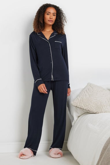 M&Co Navy Blue Piped Long Sleeve Jersey Pyjama Set