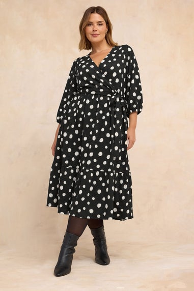 Evans Curve Black Spot Print Jersey Wrap Dress