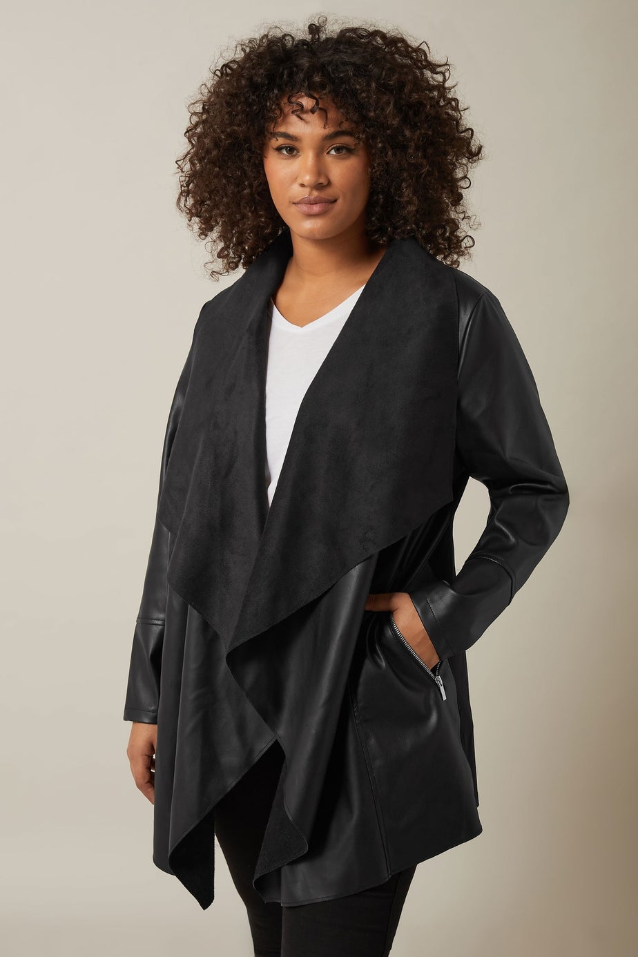 Evans Curve Black Faux Leather Waterfall Jacket