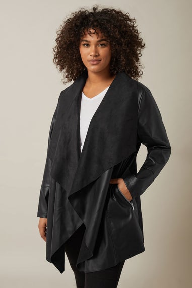 Evans Curve Black Faux Leather Waterfall Jacket